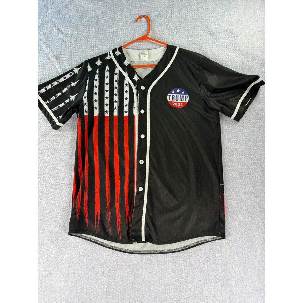 Trump 2024 Baseball Jersey Mens Medium Black American Flag Graphic Button Up